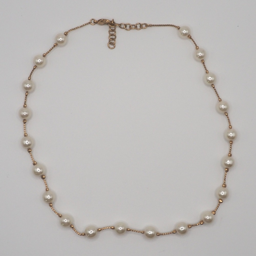 Vintage Necklace White Faux Pearl Station Gold Tone Choker Extender Chain Dainty